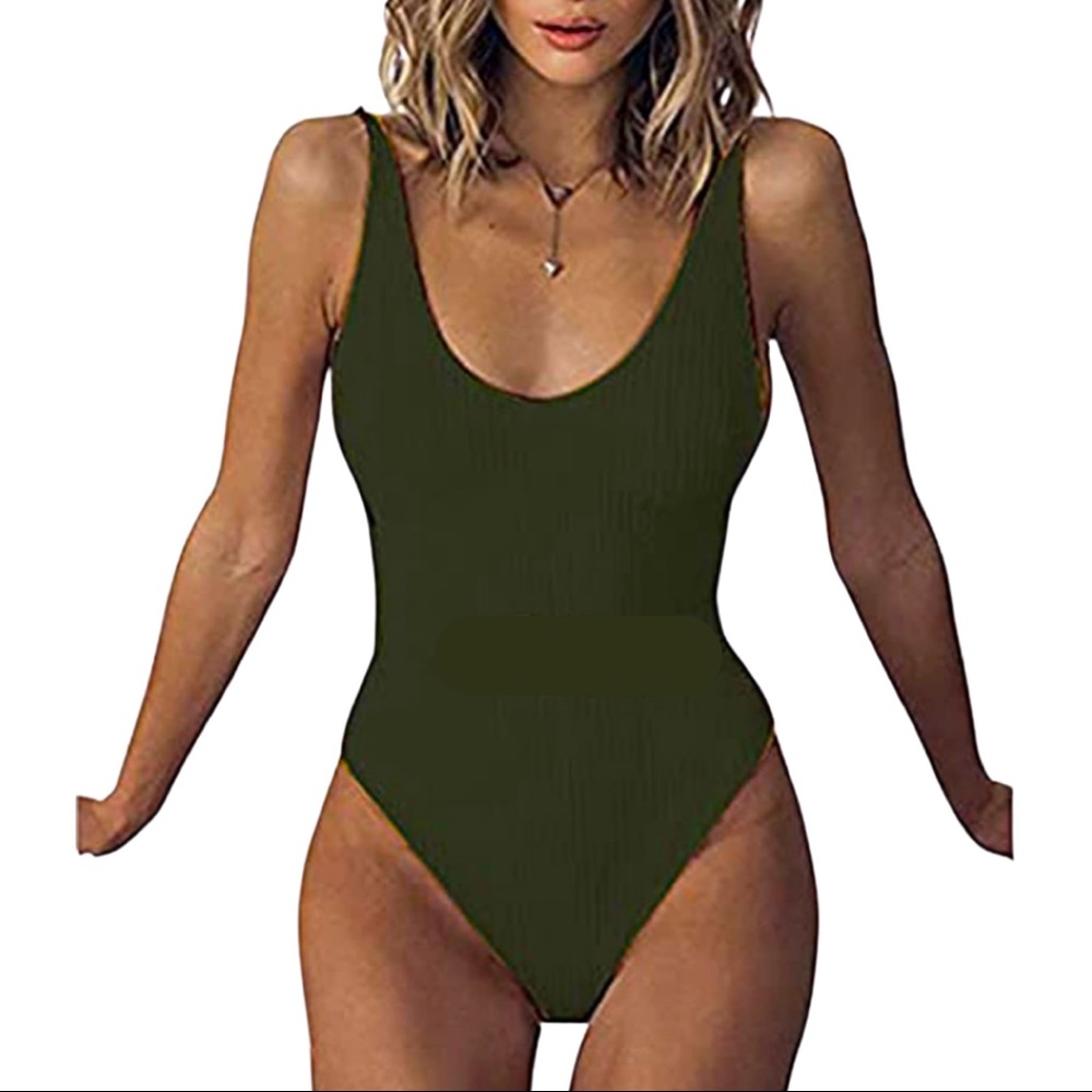 One Piece Army Green Scoop Neck Swimsuit
